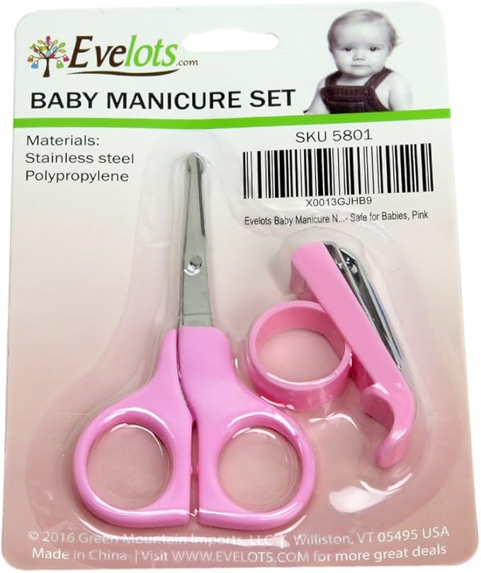 Evelots Baby Manicure Nail Clipper and Scissor Set - Safe for Babies, Pink