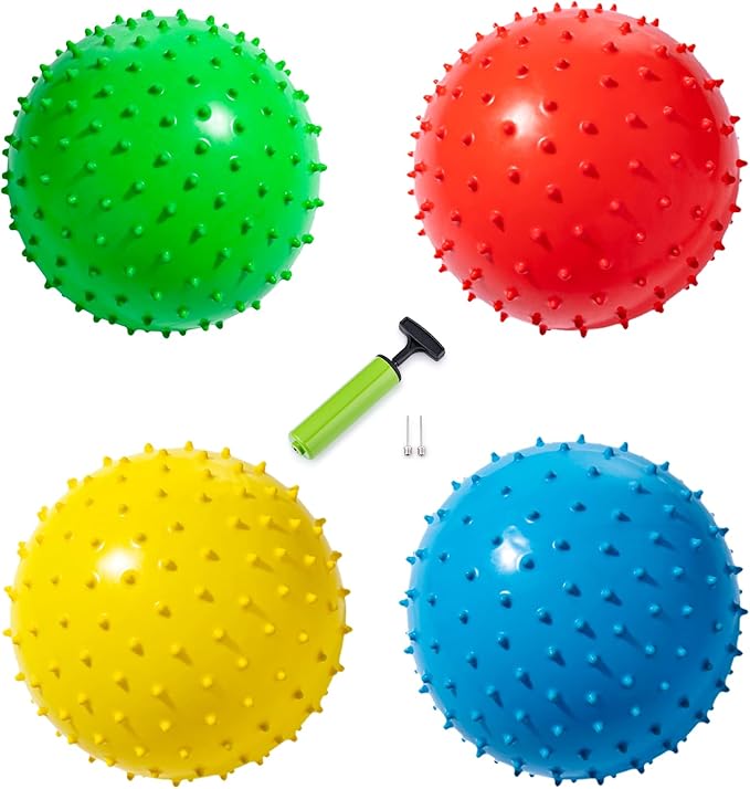 New Bounce Knobby Balls Set for Kids – Set of 4 Bumpy 8.5" Sensory Inflatable Balls with Pump – Textured Toys for Toddlers, Therapy, Outdoor Play, Party Favors & Dog Toys
