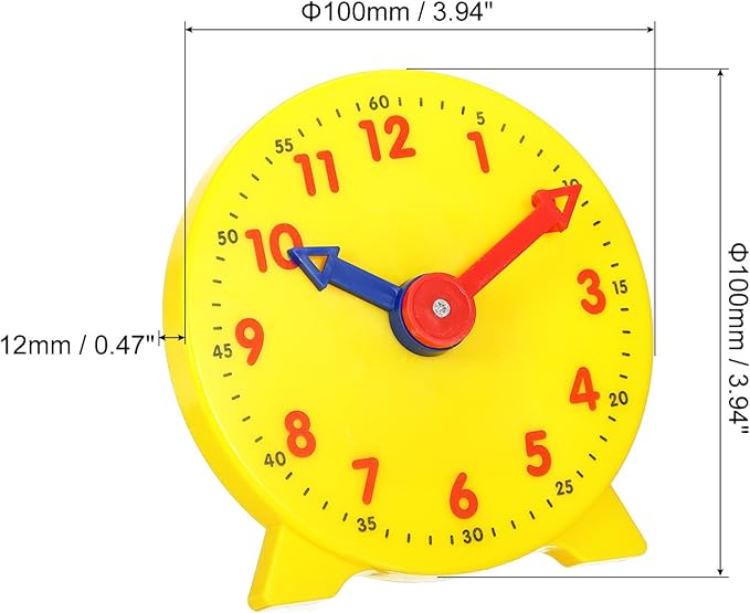 PATIKIL 4 inch Teaching Clock, Learn Clock Learning Tell Time Analog Clock Demonstration Clock 12 Hour 2 Pointers for Classroom Teacher, Yellow