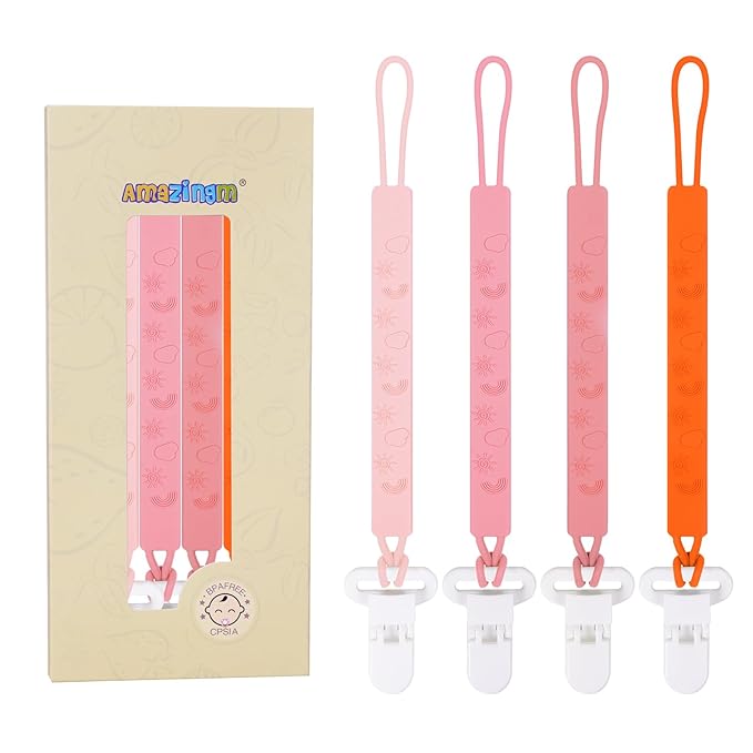 One Piece Design Silicone Pacifier Clip Holder for Baby Boys and Girls,Pack of 4 Flexible Paci Leash,Binky Clips,Newborn Essentials (Sun & Cloud & Rainbow, Pink)