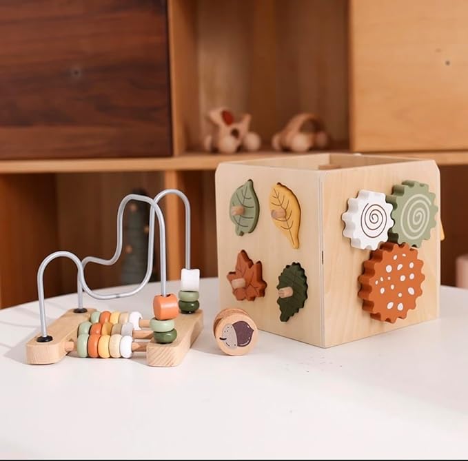 Wooden Activity Cube, Bead Maze, Gears, Shapes, Rabbit Figure, 10 x 10 x 10 inches