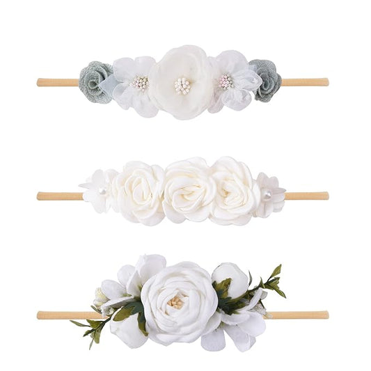 Baby Girl Floral Headband Nylon Flower Crown Elastic Hairband 3pcs Hair Accessories Gift for Girls，stretchy size 3pcs/set