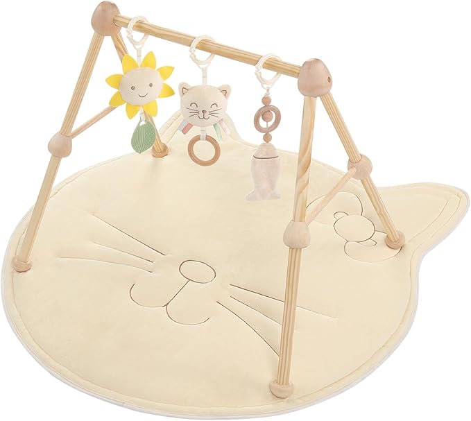 4-in-1 Wooden Baby Play Gym & Activity Mat, Soft Cotton Tummy Time Mat for Babies 0+,with 3 Detachable Toys for Sensory & Motor Skill Development,Newborn Infant Baby Essentials Gift,Kitten