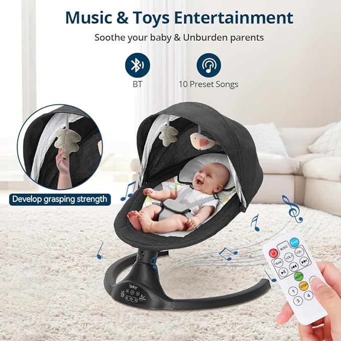 Bioby Baby Swing for Infants with 5 Natural Sway Speeds, Portable Bt Music Rocker with Remote Control&5-Point Harness, Lightweight Baby Rocker for 5-20 Lb,0-12 Months Black