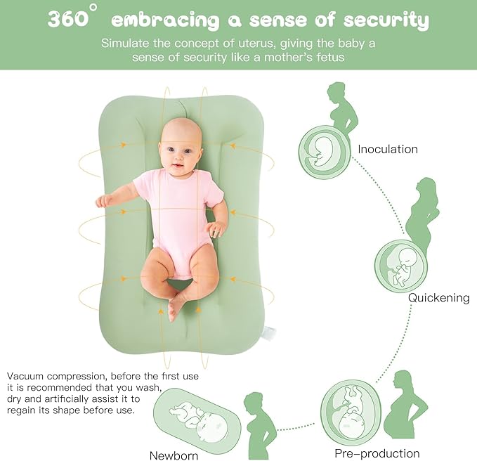 Lucakuins Baby Lounger for Newborn, 0-24 Months, Bionic Design Infant Lounger for Home and Travel, Soft Organic Cotton, Newborn Babies Essentials Gifts (Pure Green Baby Lounger)