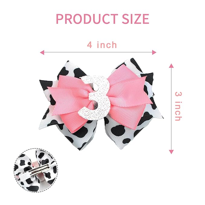 Birthday Hair Clips for Baby Girls - 2Pc Cow Print Bow with White Number Hair Clips for 3rd Birthday Baby Bow Party Decorations for Girls Toddlers Hair Accessories (Cow Print -3 Years)