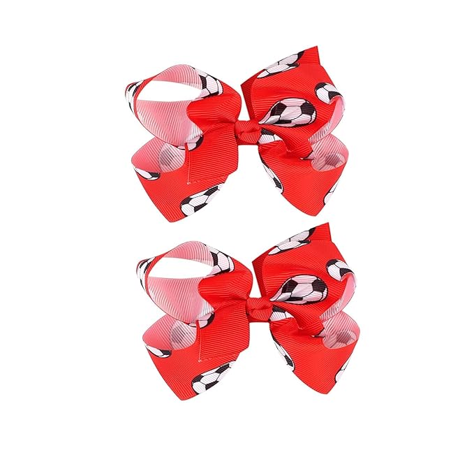 Soccer Hair Accessories, Soccer Hair Bows, Soccer Ball Bow，Soccer Ribbon Bow Hair Clips ，bows Hair Accessories for girls.A (red)
