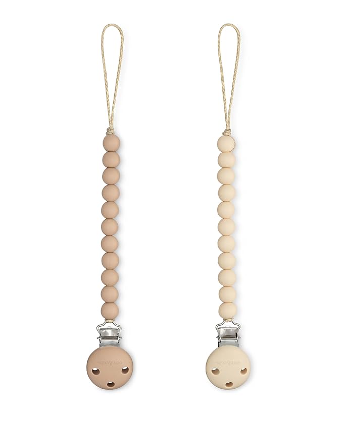Comfy Cubs Pacifier Clips 2 Pack - 100% Food Grade Silicone Baby Pacifier Clips, BPA & PVC Free - CPSIA Certified, Lightweight and Flexible Baby Gifts - Beige & Light Beige