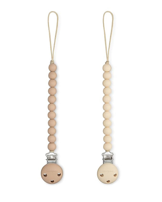 Comfy Cubs Pacifier Clips 2 Pack - 100% Food Grade Silicone Baby Pacifier Clips, BPA & PVC Free - CPSIA Certified, Lightweight and Flexible Baby Gifts - Beige & Light Beige