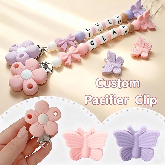 Personalized Baby Pacifier Clip with Name,Customized Name Silicone String Clip for Boy Girl (Purple)