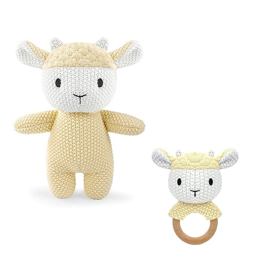 10" Crochet Sheep Stuffed Animal with Rattle, Pure Cotton Soft Crochet Doll Plush Toy for Newborn, Handmade First Birthday Gift