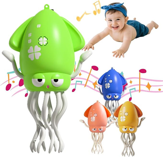 Interactive Dancing Squid Toy - Smart Obstacle-Dodging, USB Rechargeable LED Lights & Music, Sensory Tummy Time Toy for Toddlers (Green)