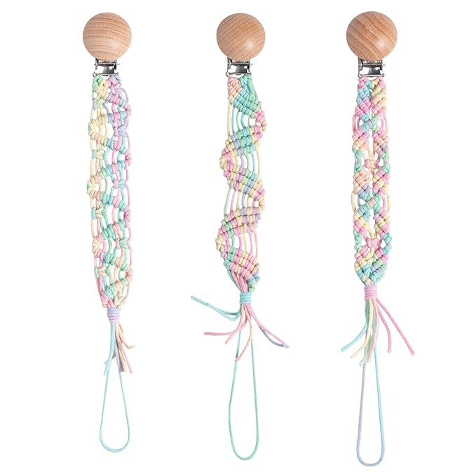 Boho Pacifier Clip for Boys Girls Pacifier Holder Leash Wooden Clips Handmade Braided Cotton Unisex Baby Shower Birthday Gift Christmas Gift (Rainbow - Pattern 5)