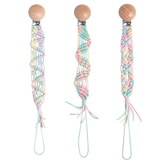 Boho Pacifier Clip for Boys Girls Pacifier Holder Leash Wooden Clips Handmade Braided Cotton Unisex Baby Shower Birthday Gift Christmas Gift (Rainbow - Pattern 5)
