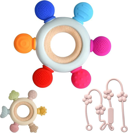 3 Packs Teether Rings for 0-6 6-12 Months Babies, Teething Toys with Pacifier Clip Holder, Baby Chew Toys for Sucking Needs, Baby Essentials
