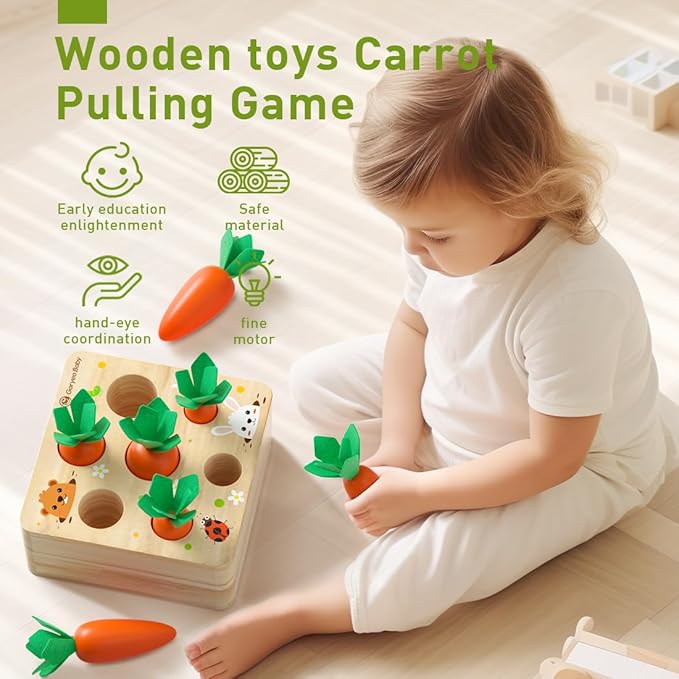 Montessori Toys for 1 Year Old – Wooden Carrot Shape Sorting Puzzle, Sensory Learning Toy for Toddlers, Size Matching & Fine Motor Skills Development, Educational Gift for Boys & Girls