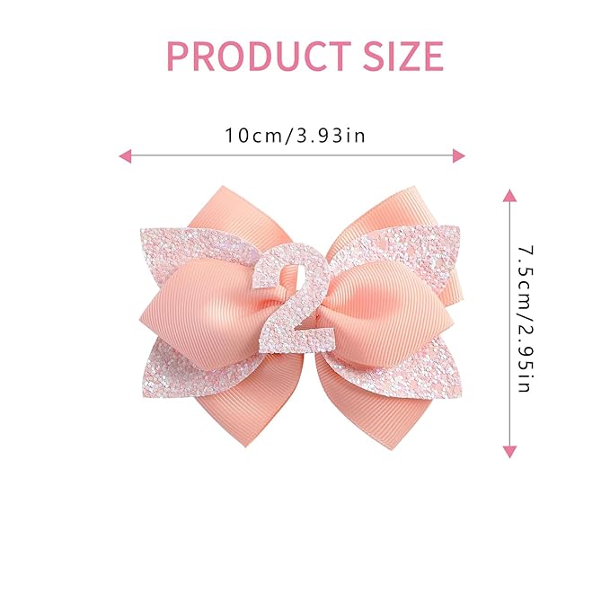 Pink Birthday Hair Bow for Baby Girls - 2Pcs Peach Sprinkle Hair Clips for 2nd Birthday Glitter Baby Bow Party Decorations for Girls Toddlers Hair Accessories (Pink-2 Years)