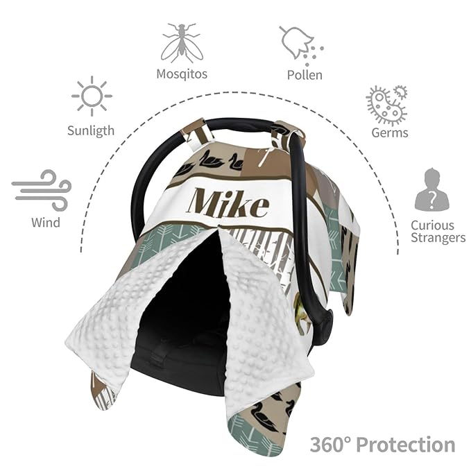 Custom Baby Car Seat Canopy with Name, Personalized Hunting Theme Baby Car Seats Covers for Baby Boy, Opening Minky Nursing Breastfeeding Cover for Infant, Carseat Canopies for Newborn