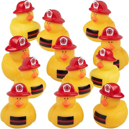 Fun Express Firefighter Rubber Ducks 12 Pack - Mini Rubber Duckies Bulk Party Favors for Kids | Fire Truck Birthday Decorations & Fireman Theme Prizes | Treasure Box Toys for Classroom Carnival Gifts