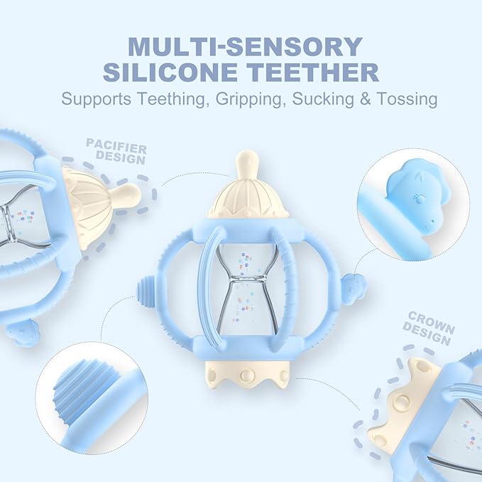 Teething Rattles for Babies 0-6 Months 6-12 months, Silicone Rattle Teether with Pacifier, Baby Montessori Toys 6-18 Months, Infant & Toddler Molar Teething Relief, Boys Girls Essential Gifts (Blue)