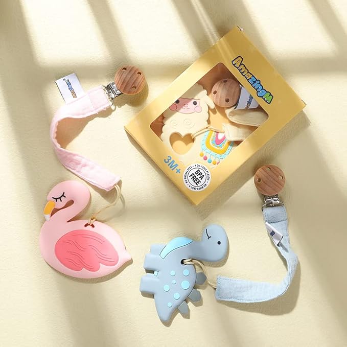 Baby Food Grade Silicone Teether Toy with Pacifier Clip Holder,Teething Pain Relief Toys Gift Set for 3 Months+ Boys and Girls,Freezer Safe,BPA Free (Ice Cream)