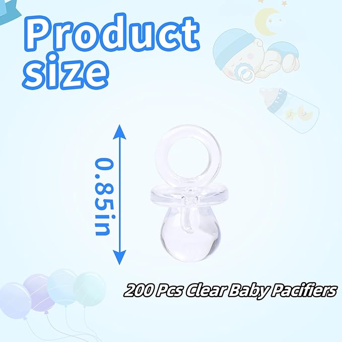 200 Pieces 0.86 Inch Baby Pacifier Baby Shower Plastic Pacifier for Baby Shower Pacifier, Baby Shower Gender Show Party Decoration DIY Birthday Party Gift (Clear)
