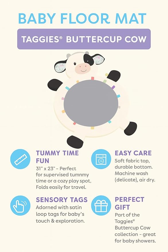 Taggies Floor Mat Tummy Time Baby Toddler Play Mats with Sensory Tags, 31 x 23-Inches, Buttercup Cow