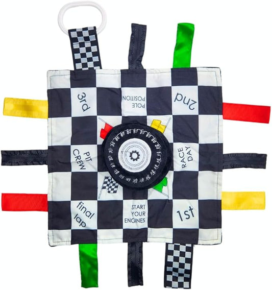 Baby Jack & Co 10x10” Racing Sports Lovey Sensory Plush Blanket - Tag Toy for Babies - Baby Stroller Toys - Learn Shapes, Letters & Colors - MVP Baby Tire Toy & Baby Sports Gift w/Stroller Clip