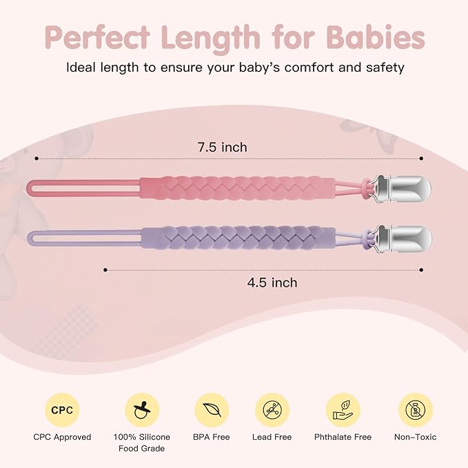 TenderBabe Silicone Pacifier Clip for Baby Girls and Boys, Pack of 6 Soft Flexible Paci Binky Clips with One-Piece Braided-Style Design,BPA-Free Baby Essentials