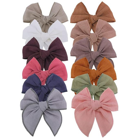 12 PCS Linen Bow Hair Clips for Baby Girls Hair Bows Alligator Clips Accessories Infants Toddler Kids Hairgrips (Linen Fable Bow 4'')