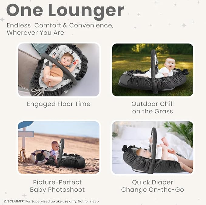 Newborn Lounger ABC - Flexible & Portable w/Infant Support Cushion, Soft & Breathable 100% Cotton - Multi-Use Supervised Baby Lounger for Floor, Travel, Changing Mat Alternative - Premium