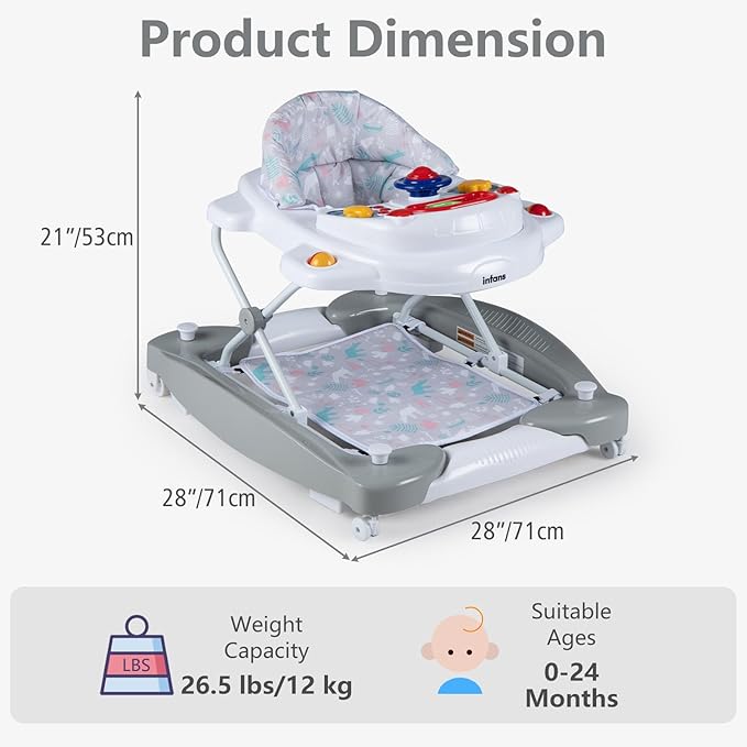 INFANS Baby Walker, 5 in 1 Behind Walker Learning Seated Rocker Bouncer with Removable Music Tray, Adjustable Height, Washable Seat Cushion, Foldable Activity Center for Toddlers (Light Gray)
