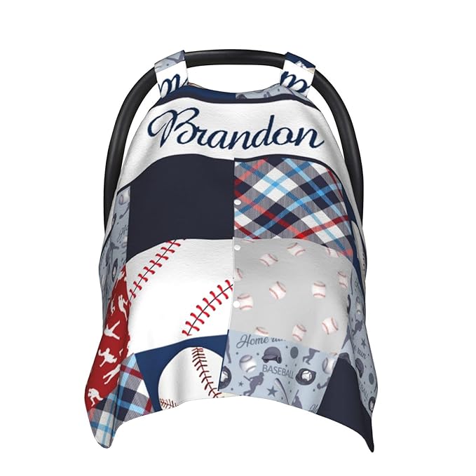 Personalized Baby Car Seat Canopy for Babies, Custom Name Car Seat Covers for Boys and Girls, Opening Minky Nursing Breastfeeding Cover for Infant, Carseat Canopies for Newborn (Baseball Theme)
