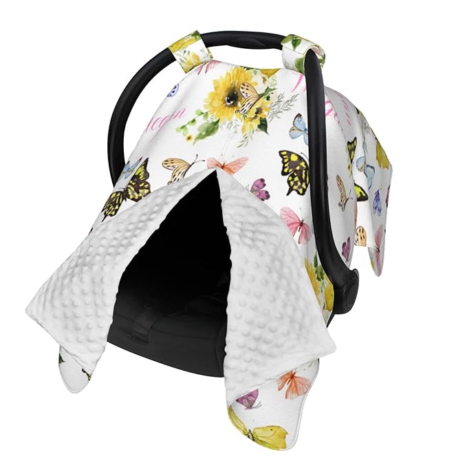 Personalized Baby Car Seat Canopy for Baby Girls, Custom Name Sunflower Butterfly Baby Car Seat Covers for Babies, Opening Minky Nursing Breastfeeding Cover for Infant, Carseat Canopies for Newborn