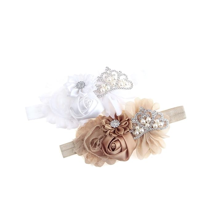 Nishine Christening Headband Fabric Flower Headband Tiara Stretchy Elastic in Pairs (White/Khaki)