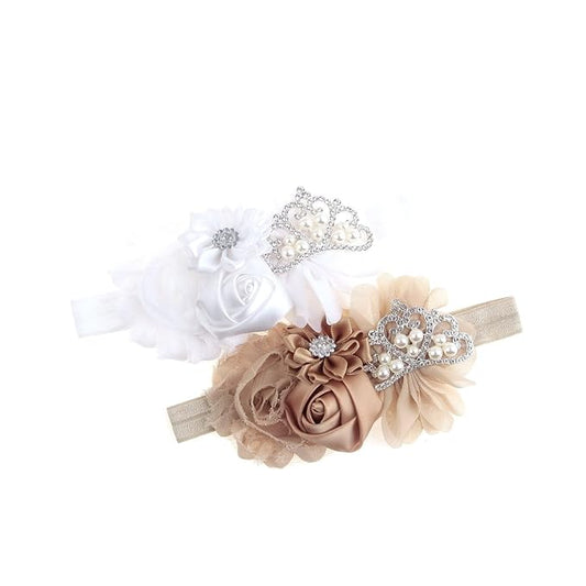 Nishine Christening Headband Fabric Flower Headband Tiara Stretchy Elastic in Pairs (White/Khaki)
