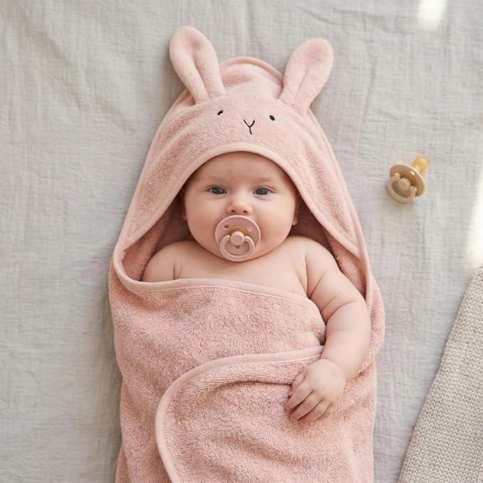Hooded Baby Towels - 100% Organic Cotton Baby Bath Towels, 32" x 32" Super-Soft and Absorbent Baby Towels for Newborn Baby Girls 2-Pack (Rabbit Blush)