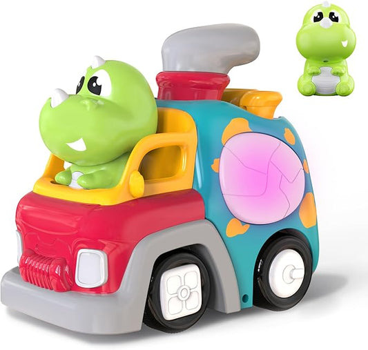 P&C Dinosaur Truck Toys for 1 2 3 Year Old Boys Girls, 18-36 Months Baby Toy with Music & Lights, Montessori Learning Toy for Crawling Walking, Educational Push Car for Toddlers, Birthday Gift