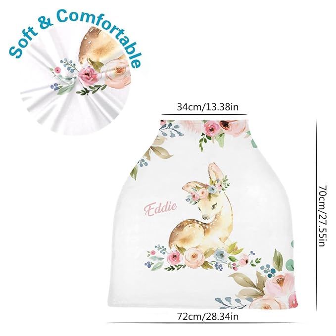 Personalized Baby Car Seat Covers with Name, Custom Nursing Cover Breastfeeding for Babies, Carseat Canopy for Girls and Boys, Infant Stroller Cover for Winter, Breathable Carseats Cover (Floral Deer)