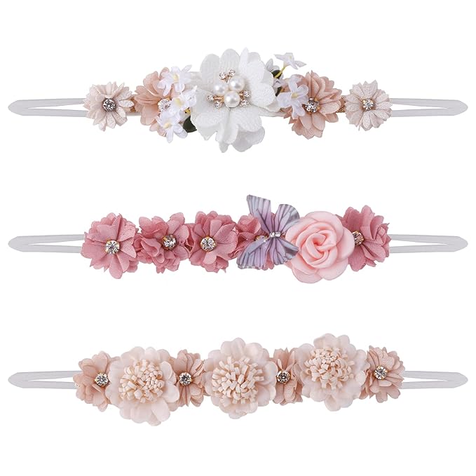 Flower Headband for Baby Girl Elastic Baby Floral Headbands Crown Hairbands Hair Accessories for Newborn Infant Toddlers Kids 3pcs/set