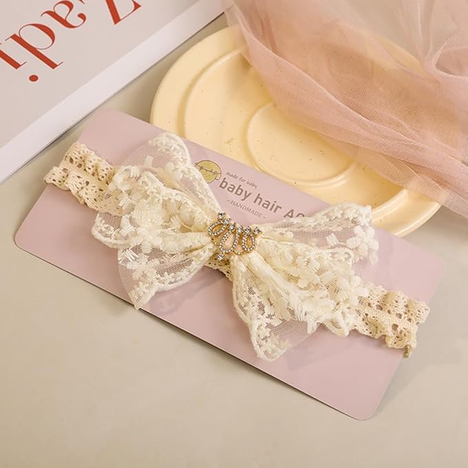 Cute Baby Girl Lace Headband Lace Bow Hair Accessories Elastic Bow Head Wrap for Newborn Infant Toddler Christening Baptism Party Hair Accessories for 0-36 Months (Ivory D, Free)