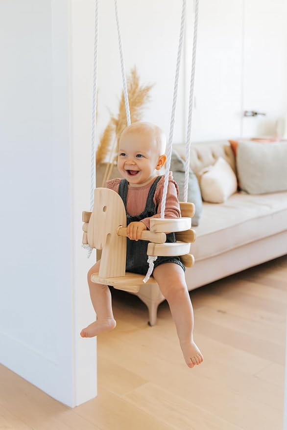 Horse Shaped Infant Swing Wooden Toddler Swing for Indoor/Outdoor Play, Bucket Seat Design, Safe & Comfortable for Ages 12-36 Months, Includes Durable 78-inch Ropes, Perfect for Playsets