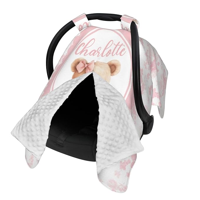 Bear with Pink Bow Custom Name Baby Car Seat Cover – Personalized Nursing Cover for Breastfeeding, Stroller Canopy, Privacy Infant Carseat Canopy, Soft Breathable Newborn Blanket for Girls