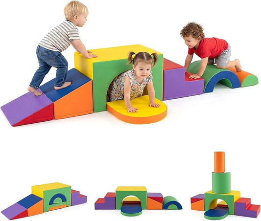 Costzon 7 Pieces Toddler Climbing Toys Indoor, Climb & Crawl Activity Playset w/Slide & Tunnel, Waterproof PU Cover, Indoor Play Gym Structures for Toddlers, Foam Climbing Blocks for Kids 1+ Year Old