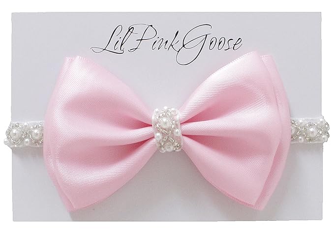 0-12 Newborn Baby Baptism Pearl Headband or Clip with Bow in WHITE Christening Headband with Satin Bow, Pearl Rhinestone Band (Pink(1 Year&up), 1 Count (Pack of 1))