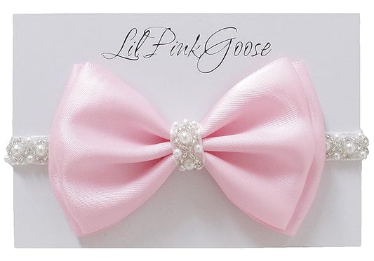 0-12 Newborn Baby Baptism Pearl Headband or Clip with Bow in WHITE Christening Headband with Satin Bow, Pearl Rhinestone Band (Pink(1 Year&up), 1 Count (Pack of 1))