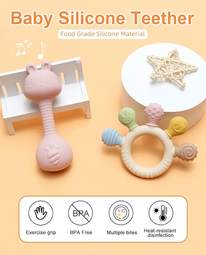 Baby Teether and Rattle Toy Set, BPA-Free, Food-Grade Silicone, Easy-Grip Teething Rattle for Babies, Soothing Teething Toy, Infant Sensory Toy for 3-24 Months (Cat)