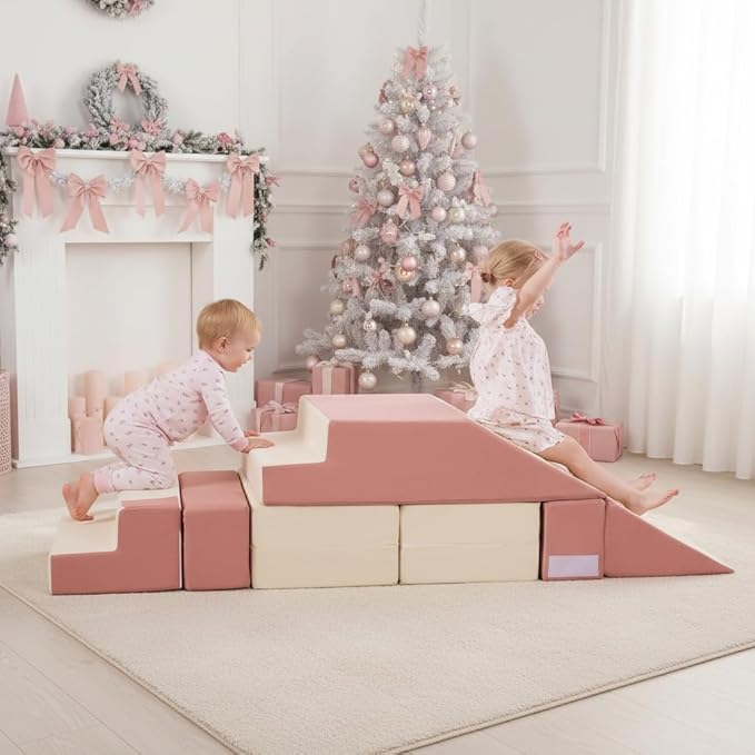 Toddler Foam Climbing Blocks|Modular Kids Soft Play Couch Sofa with 2 Ottomans Indoor,Baby Crawling & Sliding Foldable Soft Play Set with Stair,Beige & Pink