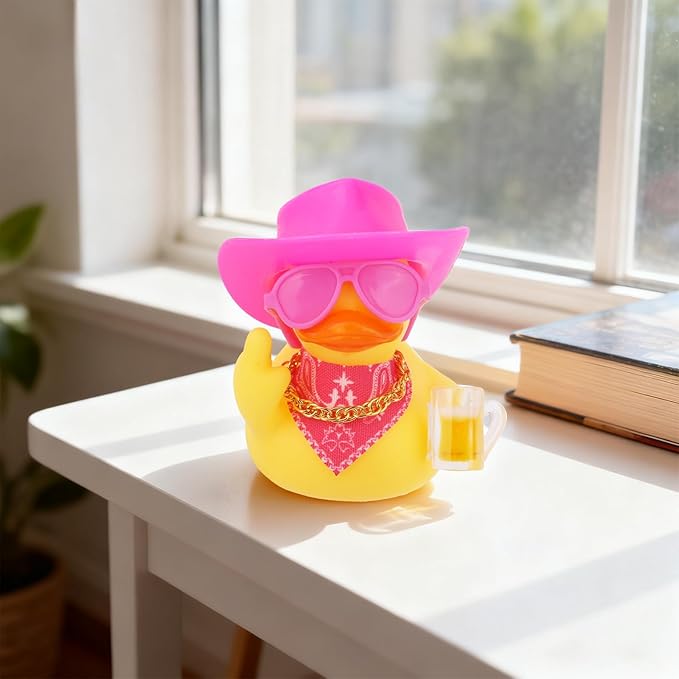 2pcs Funny Rubber Ducks for Dashboard, Cute Car Rubber Cool Duck Ornament with Mini Glasses Hat Scarf Accessories Decor for Home Office Refrigerator Decoration (Pink)