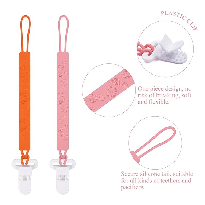One Piece Design Silicone Pacifier Clip Holder for Baby Boys and Girls,Pack of 4 Flexible Paci Leash,Binky Clips,Newborn Essentials (Flowers & Leaves, Pink)